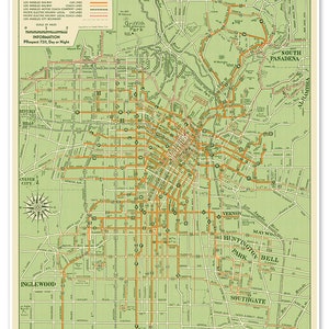 Carte de la voiture électrique de Los Angeles en Californie vers 1935 - Représente Beverly Hills à South Pasadena et Glendale à Hawthorne. Style Art Déco.