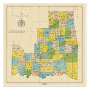 May include: A vintage-style map titled State of Sequoyah, featuring a grid layout with color-coded counties in yellow, green, blue, and tan. The map includes a circular seal, a scale in miles, and text detailing its origin from the U.S. Geological Survey.