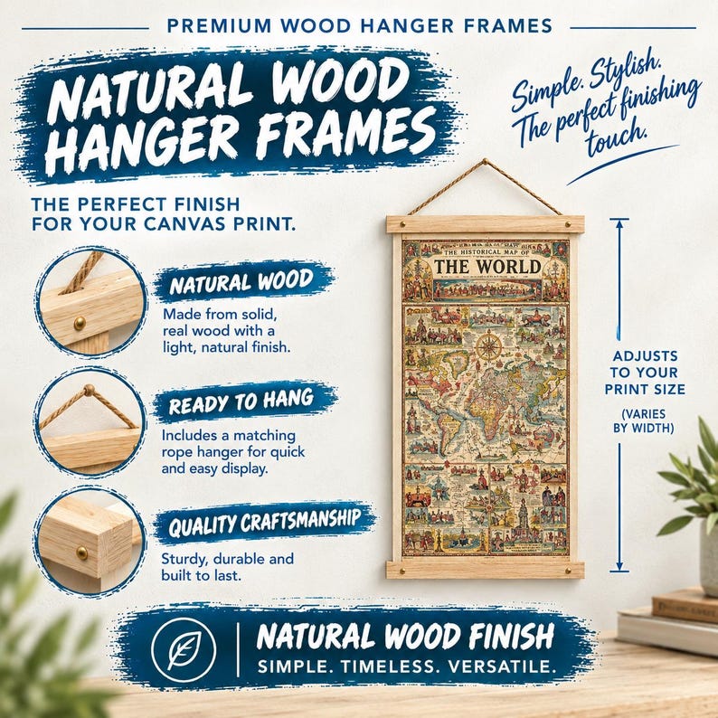 Pu&ograve; includere: Una cornice a sospensione in legno naturale per stampe su tela, caratterizzata da una struttura in legno massello con finitura chiara, corda di sospensione abbinata e fissaggi in metallo. La cornice sostiene una mappa del mondo vintage.