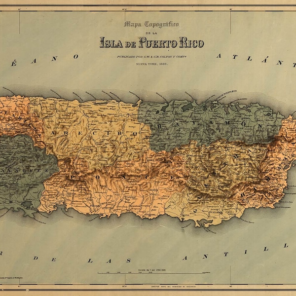 Mapa topografico de la isla de Puerto Rico circa 1886 | map measures 24 x 36 inches (610 mm x 915 mm)