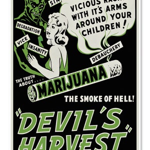 Póster de película antiguo sobre marihuana "La cosecha del diablo" c. 1942 / "¡La verdad sobre la marihuana, el humo del infierno!" / Lámina artística antigua antidrogas