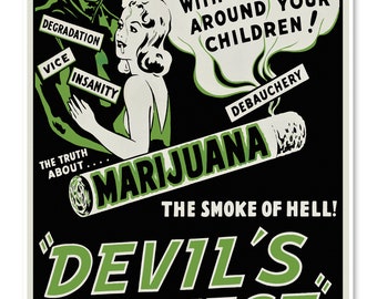Póster de la película La Cosecha del Diablo, c. 1942 / ¡La verdad sobre la marihuana, el humo del infierno! / Arte de propaganda retro sobre la marihuana
