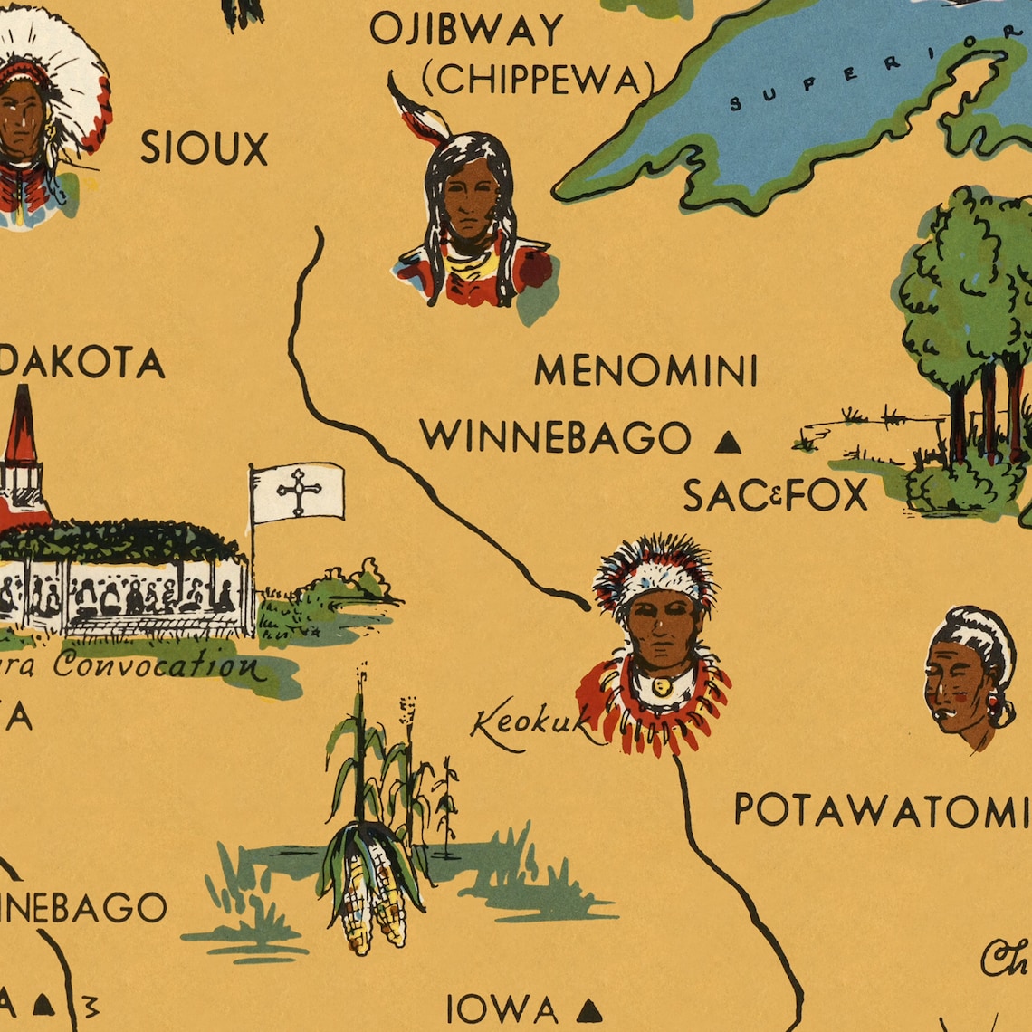 Native American Indian Tribes in the USA Pictorial Map Poster | Vintage ...