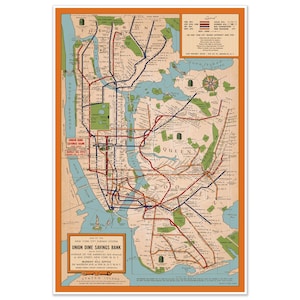 Plan vintage du métro de New York c. 1954 | Plan des transports en commun de la vieille ville de New York | Carte antique de Manhattan, Brooklyn Queens, Bronx | Réimpression d'art mural métro rétro
