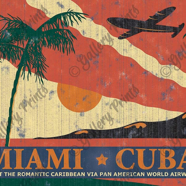 Affiche de voyage publicitaire de Miami à Cuba via Pan Am Airlines - style vintage Impression artistique