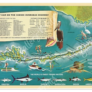 Treasure Map Print to "Sea" the Florida Keys and Key West via the Overseas Highway circa 1960 - Vintage Travel Guide Art Poster with Fishing