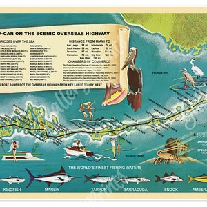 Treasure Map Print zum "Sea" der Florida Keys und Key West über den Overseas Autobahn circa 1960 - Vintage Travel Guide Art Poster mit Angeln