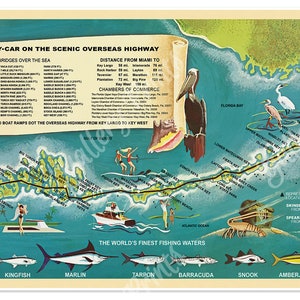 Treasure Map Print to "Sea" the Florida Keys and Key West via the Overseas Highway circa 1960 - Vintage Travel Guide Art Poster with Fishing