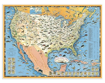 Sportsmen&#39;s Fishing Map of the United States & Neighboring Waters circa 1957 by Ira Moss | Fisherman Art Print Poster Wall Decor
