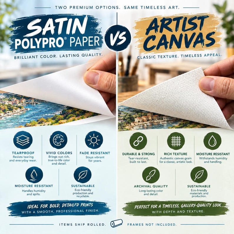 Pu&ograve; includere: Un grafico comparativo che mostra carta Satin Polypro e tela artistica. Il lato carta evidenzia resistenza allo strappo, colori vivaci, resistenza allo sbiadimento, resistenza all'umidit&agrave; e sostenibilit&agrave;. Il lato tela evidenzia durata, consistenza ricca, resistenza all'umidit&agrave;, qualit&agrave; d'archivio e sostenibilit&agrave;. Testo: 'Two premium options. Same timeless art.' e 'Items ship rolled. Frames not included.'