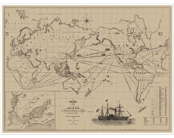 1850年頃の世界航海図｜アンティークマップアート、ヴィンテージ壁掛け