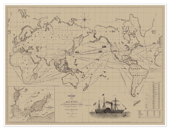 1850年頃の世界航海図｜アンティークマップアート、ヴィンテージ壁掛け