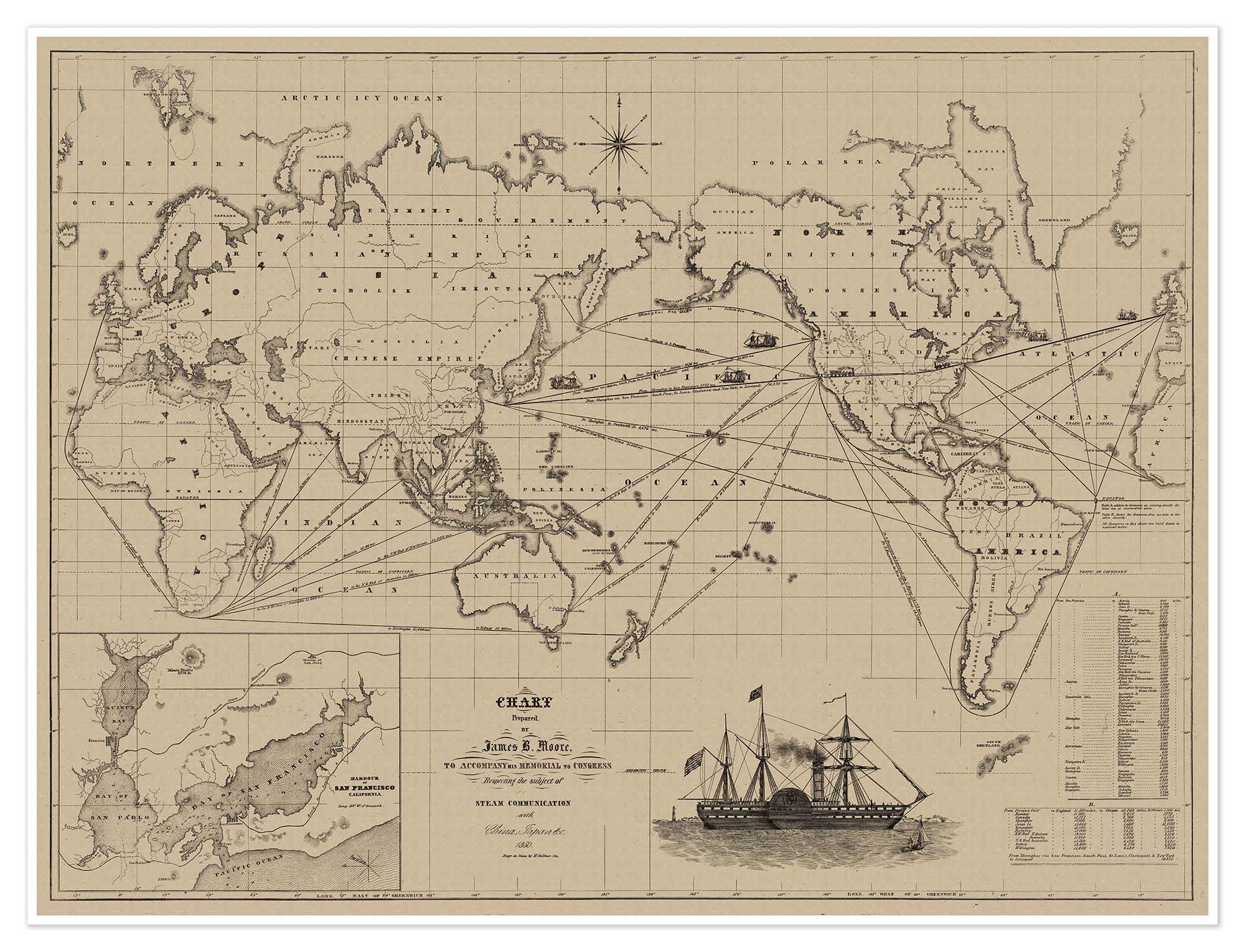 世界航海海図（1850年頃）｜アンティーク地図アート、ヴィンテージ