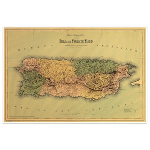 Mapa topografico de la Isla de Puerto Rico circa 1886 | Rustic Topographical Island Map | Vintage Map of Puerto Rico | Art Print Wall Decor