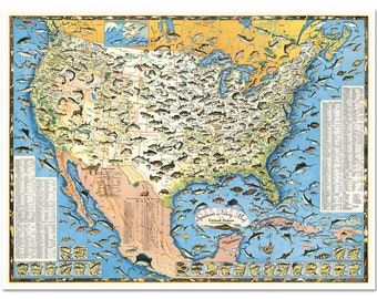 Sportsmen's Fishing Map of the United States and Neighboring Waters circa 1957 by Ira Moss - Art Print Poster Wall Decor