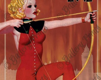 Archery in London 2012 Olympiad Commemorative Travel Print - Pinup Girl in London Art Poster