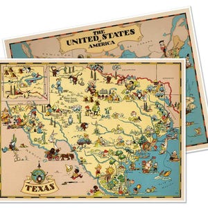 Set of two (2) Ruth Taylor White illustration maps of Texas & USA circa 1950 | Art Print Poster Vintage Map Wall Decor | Cartography Decor