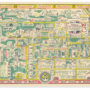 テキサス州立大学女子キャンパスマップ 1947 年頃 - ビンテージ キャンパス ガイド アート プリント ポスター