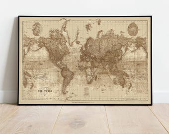 Stunning Vintage World Map c. 1898 | Sepia Tone Vintage Atlas Art Print | Mercator Projection from Stanford's Library