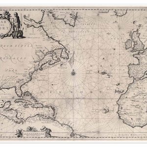 North Atlantic Maritime Illustration c. 1650 | Antique Nautical Wall Art Reprint | Vintage Historical Navigation Print w Decorative Elements