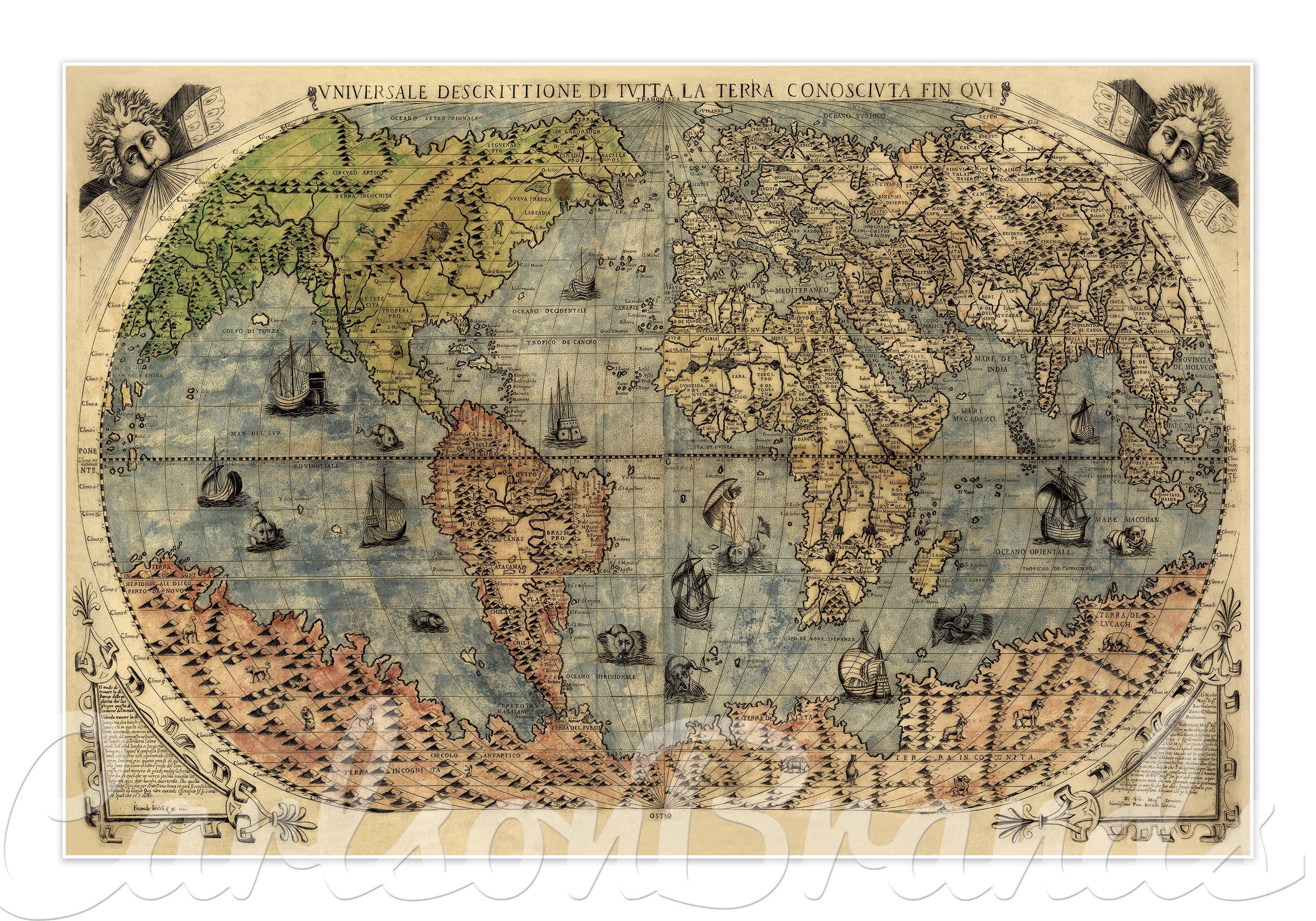 イタリアの古いアメリカ大陸探検地図 天使と天使 ガスタルディ