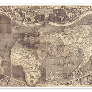 May include: A sepia-toned antique world map featuring a cordiform projection. The map displays continents, oceans, and intricate decorative borders with illustrations of figures and celestial elements, including text blocks in the corners.
