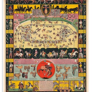 Puede incluir: Un póster vintage que representa una escena de rodeo con vaqueros a caballo, varios eventos de rodeo e ilustraciones de equipo de vaquero. El póster presenta un diseño colorido con una combinación de colores amarillo, rosa y verde, que muestra una ilustración detallada de un rodeo.