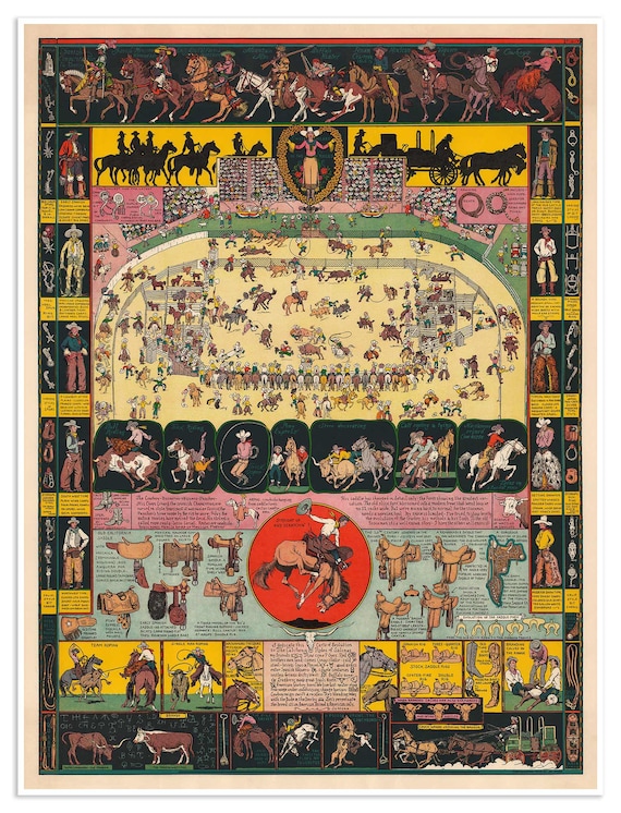 Evolution of the Cowboy Life Rodeo Graphic Print by Jo Mora circa 1941  | Art Print Poster Vintage Western Wall Decor
