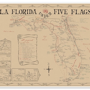Reimpresión del mapa vintage de La Florida bajo cinco banderas circa 1964 / Póster con impresión artística, decoración de pared vintage