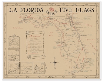 La Florida Under Five Flags Vintage Map Reprint circa 1964 | Art Print Poster Vintage Wall Decor