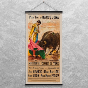 Canvas Spanish Bullfight Ad c. 1940 | La Corrida de Toros Barcelona, Madrid or Valencia with Wooden Frame | Art Print Poster Vintage Decor