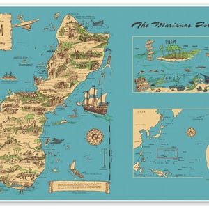 Map of Guam and Marianas Islands by Nelson circa 1958 - includes Saipan, Tinian and Rota | Art Print Poster Vintage Illustration Wall Decor