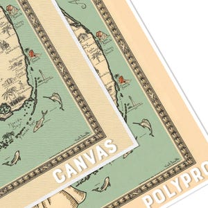 Pu&ograve; includere: Una mappa in stile vintage della Florida con una massa terrestre verde chiaro, un oceano color crema e un bordo decorativo. La mappa include illustrazioni di palme, pesci e fari, con il testo CANVAS e POLYPRO visibile in bianco.