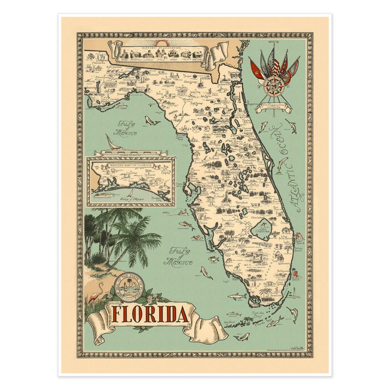 Pu&ograve; includere: Una mappa illustrata della Florida in stile vintage con una massa terrestre verde chiaro, bordi beige e testo rosso. La mappa include disegni dettagliati di palme, vita marina, una rosa dei venti e il sigillo dello stato, il tutto in una cornice decorativa.