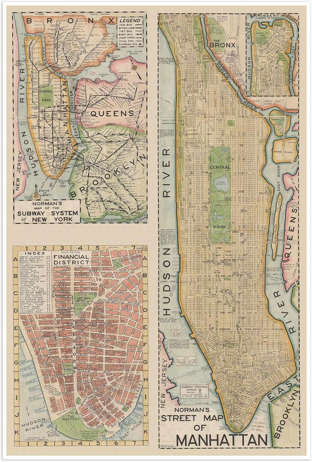 1950年代のニューヨーク市地下鉄路線図アートプリント：ミッド