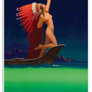 May include: A woman in a red feathered headdress stands in a canoe, holding a bow and arrow. She is nude and has a dark blue background behind her. The canoe is on a green body of water.