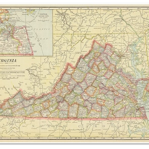 Virginia Atlas Map by George Cram circa 1915 - inset of Norfolk, Newport News. Shows counties, railroads, mountains, rivers, lakes, etc.