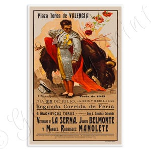 Set of Two (2) Spanish Bullfight Advertisement Posters | La Corrida de Toros - Valencia | Canvas Travel Prints c. 1940 | 24 x 36 inches