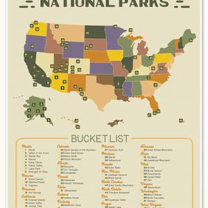 Carte des parcs nationaux américains - Impression sur toile | Décoration murale | Cochez les parcs de votre liste de voyages