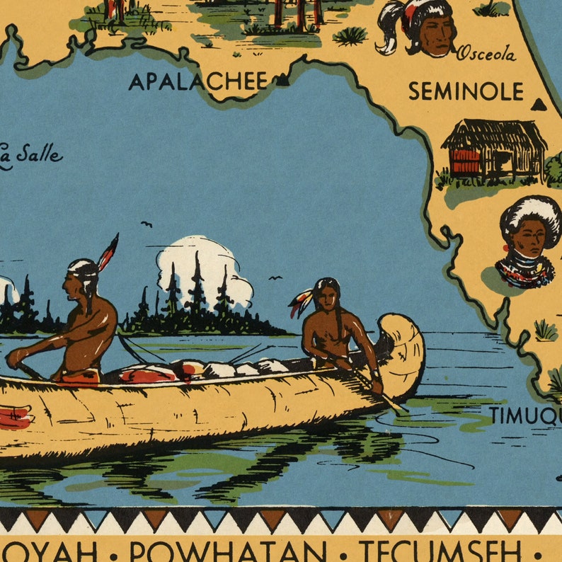Puede incluir: Una ilustraci&oacute;n vintage de nativos americanos en una canoa remando en un lago. La canoa es amarilla y marr&oacute;n con una franja roja. El lago es azul con agua verde. El fondo muestra un bosque y un cielo nublado. El texto "APALACHEE" es visible en la esquina superior izquierda de la imagen.