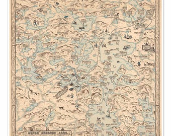 Saranac Lake & Weller Pond Adirondack Mountains New York | Fish Creek Campsite Illustration c. 1949 | Art Print Poster Vintage Wall Decor