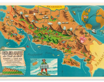 Costa Rica Coffee Map circa 1967 | Kaffee Der Beste Der Welt Bildkarte von Costa Rica | Art Print Poster Vintage Wall Decor