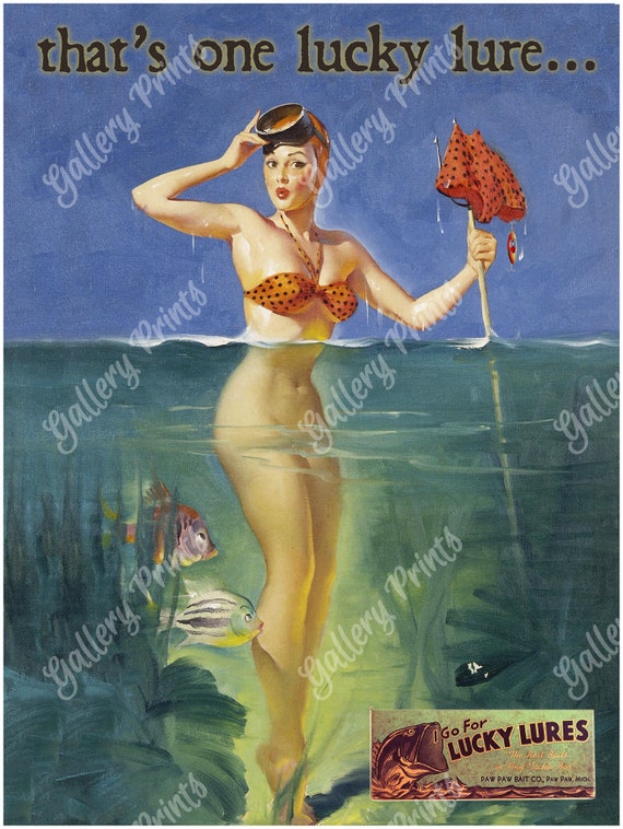 LUCKY LURES Pinup Girl with a Trident Poster Advertisement - Vintage Style  FISHING Art Print