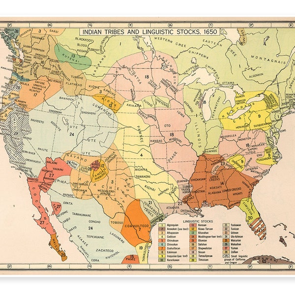Map of Native American Indian Tribes and Linguistic Stocks 1650 by Paullin & Wright | Indian Tribe Territory Map Art Print Poster Wall Decor