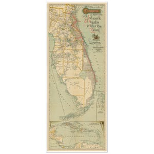 Vintage Karte Eisenbahn der Florida Halbinsel Historische Ostküstenlinie Eisenbahn um 1893 | Historische Halbinsel-Eisenbahn-Besichtigungskarte