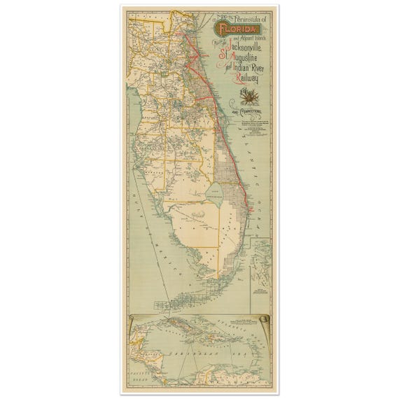 1893 Peninsula Of Florida & Railroad Line Map – Vintage Style Reproduction, 16x36 Inches