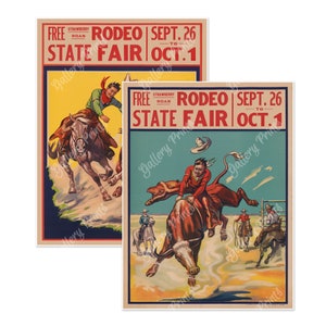 Set of Two (2) RODEO Cowboy Travel Poster Vintage Style Art Prints - Free Strawberry Roan Rodeo State Fair Sept. 26 to Oct. 1