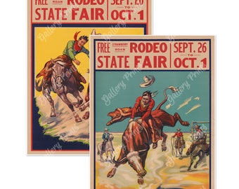 Set of Two (2) RODEO Cowboy Travel Poster Vintage Style Art Prints - Free Strawberry Roan Rodeo State Fair Sept. 26 to Oct. 1