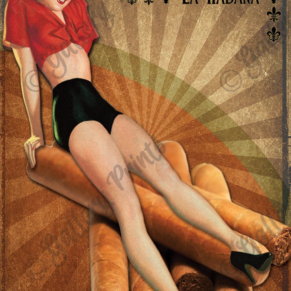 Hecho en Cuba la Habana - Affiche de voyage Made in Cuba - Cuban Cigar HABANA SUNBURST vintage Style Pinup Art Print