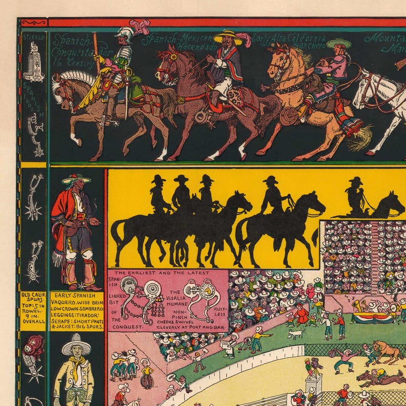 Puede incluir: Una ilustraci&oacute;n vintage que representa escenas ecuestres y figuras hist&oacute;ricas. La obra de arte presenta jinetes a caballo, una escena de rodeo y texto que incluye "Spanish Conquistador" y "Visalia Humane". La paleta de colores incluye tonos de verde, amarillo y marr&oacute;n.